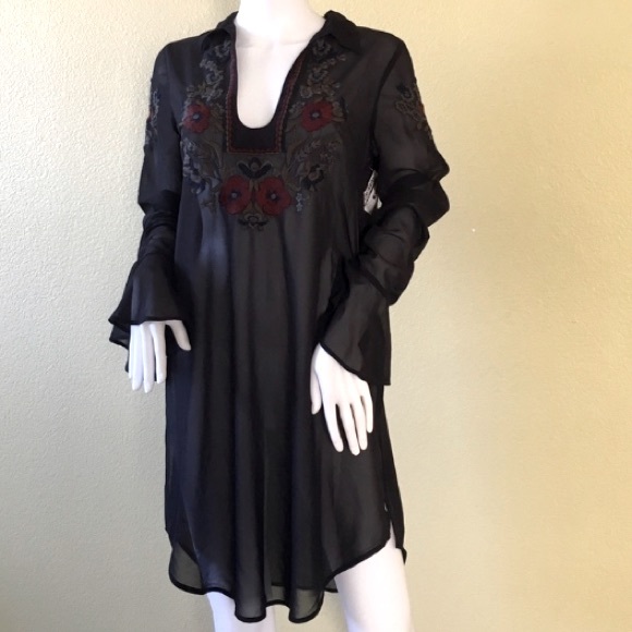 Free People Black Red Floral Embroidered Sheer V-neck Tunic Long Sleeve SP - Picture 5 of 10